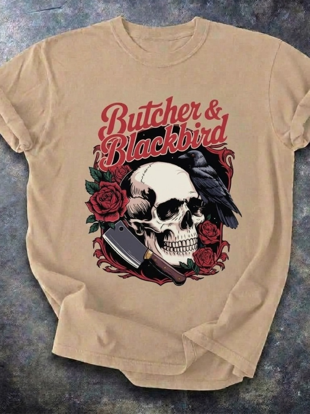 Butcher Blackbird Shirt, Gothic Skull Rose Graphic Tee - Sand Unisex